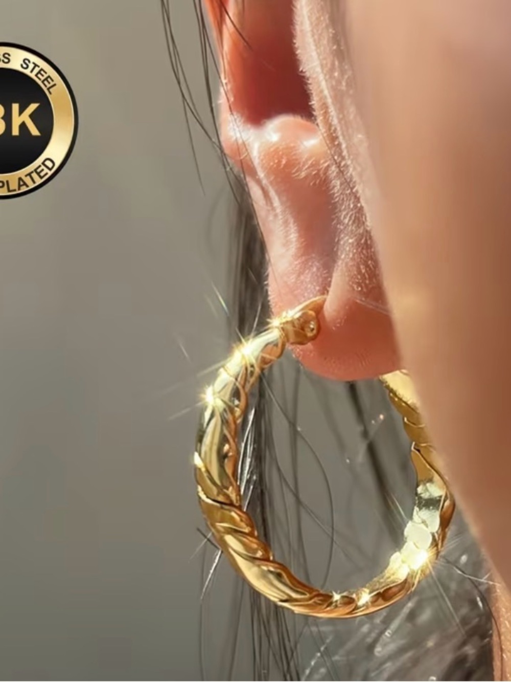 18K Gold-Plated Stainless Steel Twisted Hoop Earrings - Golden - Picture 3 of 9